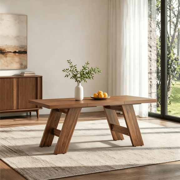 Lakwi 71"x31.5" Walnut Wood Grain MDF Dining Table – Double-Panel Outward-Sloping Legs, Modern Design, Seats 6-8, Versatile for Home & Multiple Scenarios.