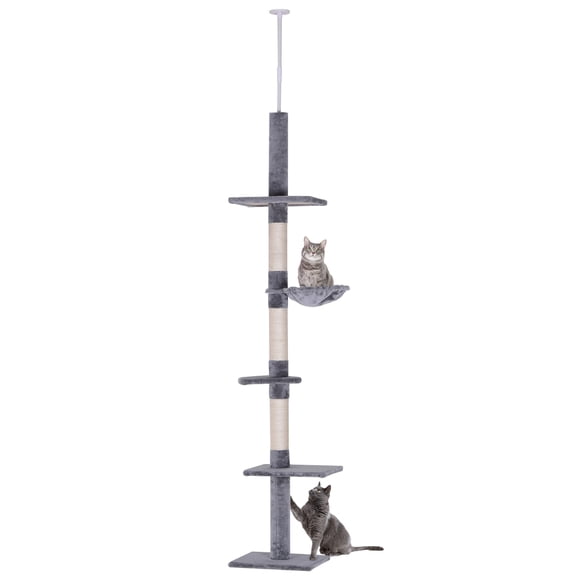 Lakwi 9' Adjustable Floor-to-Ceiling Vertical Cat Tree, Grey & White Tension Pole with Platforms, Sisal Posts for Climbing & Scratching