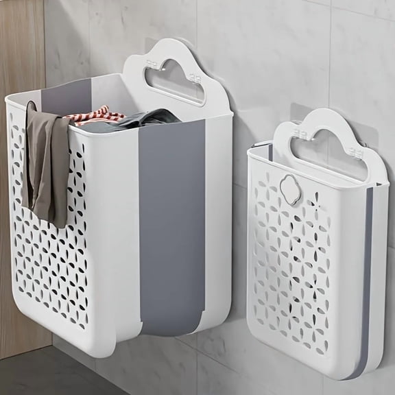 Lakwi Foldable Storage Basket, Wall-Mounted or Freestanding Laundry & Multi-Basket, for Kitchen Bathroom Bedroom, Plastic Rectangular with Handle, Space-Saving for Clothes Snacks