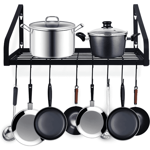 Lakwi Heavy-Duty Wall-Mounted Pot & Pan Organizer Rack, Space-Saving Kitchen Storage with 8 Hooks, Sturdy for Small & Large Cookware, Easy Install, Rust-Resistant, for Apartment Living
