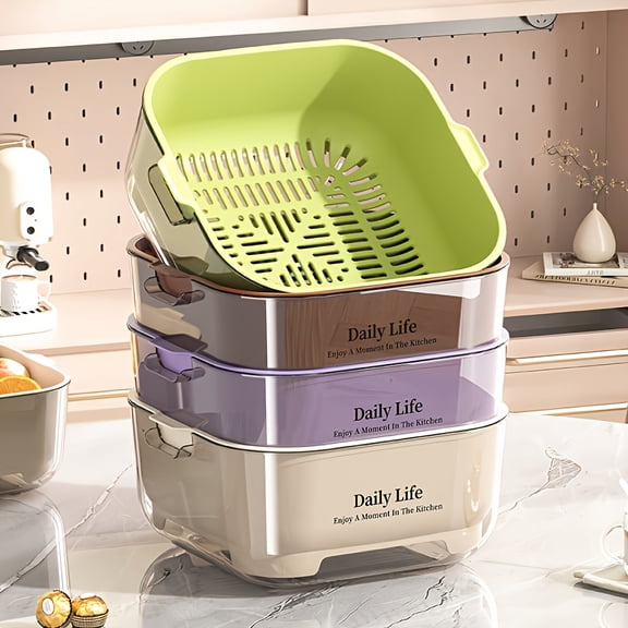 Lakwi Large Capacity Double Layer Kitchen Draining Basket, Upper & Lower Compartments, Dish Drainer & Veggie Basin, Dishwasher Safe, Space-Saving, Heavy-Duty Plastic with Handle, Beige