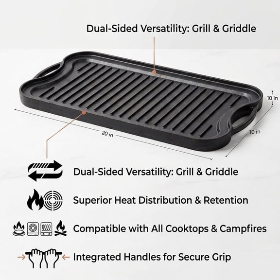 Lakwi Pre-Seasoned Cast Iron Reversible Rectangular Grill/Griddle, Black,20inch x 10inch