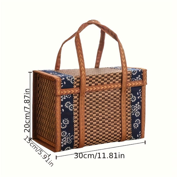 Lakwi Retro-Inspired Bamboo Basket with Lid, Vintage Lace Pattern, Stackable & Foldable, Versatile Gift Box, Rectangular, for Outdoor Use, Shelf Baskets, Not for Water Exposure