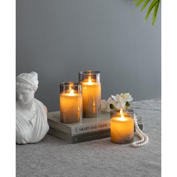 Lakwi S/3 Real Flame-Effect LED Wax Candles Light With Remote Timer, Smoke L:D3x6" M:D3x5" S:D3x4"