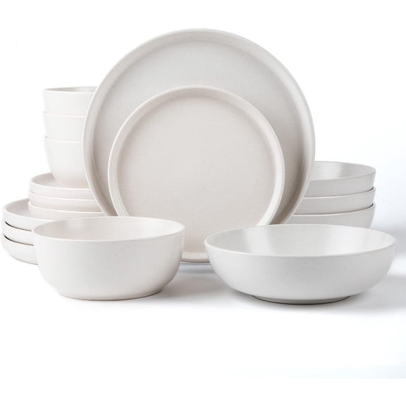 Lakwi round stoneware 16pcs double bowl dinnerware set for 4. Includes dinner & side plates, cereal & pasta bowls. Matte white.
