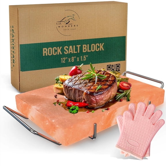 Lal Himalayan Salt Block Cooking Plate 12x8x1.5 for Cooking, Grilling, Cutting and Serving, Food Grade Rock Salt Stone with Steel Tray