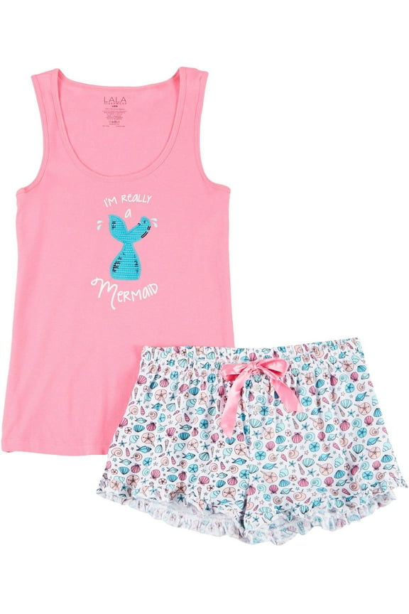 Juniors Mermaid Pajama Shorts Set Large Pink multi