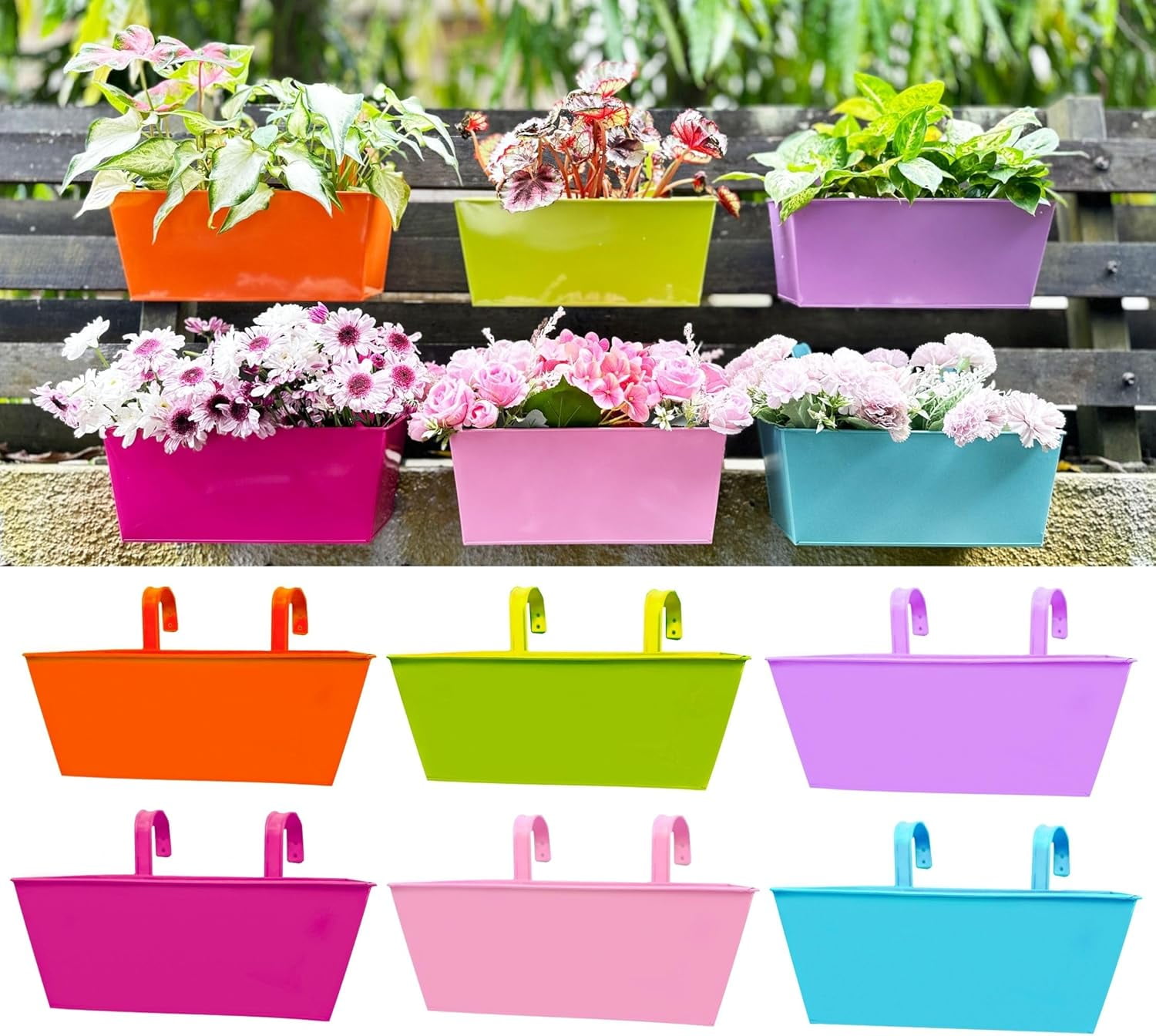 LalaGreen Rail Planter for Outdoor Plants (6 Pack, 16 Inch) Colorful ...