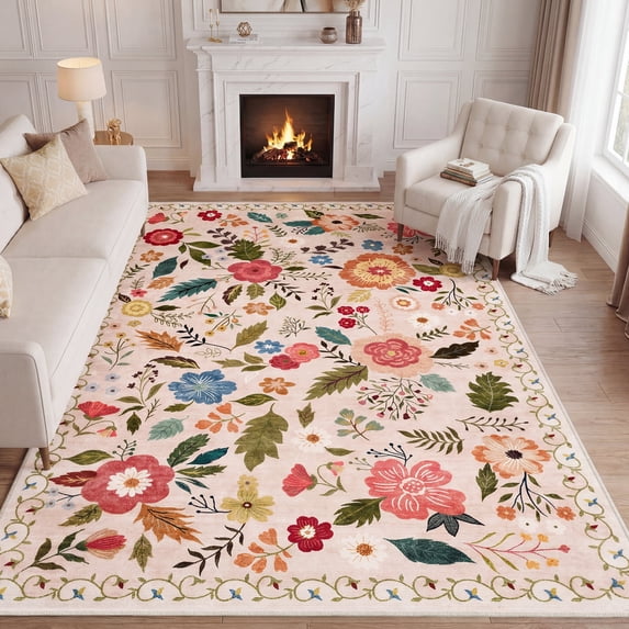 Lalado 5ft x 8ft Area Rugs for Living Room Washable Rugs Boho Floral Carpet Soft Low Pile Non-Slip Rug for Bedroom Dining Room Indoor Vintage Home Decor, Pink