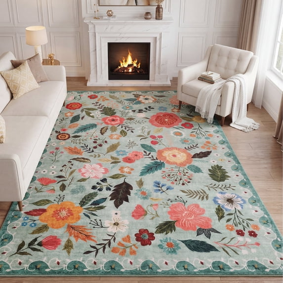 Lalado 5ft x 8ft Area Rugs for Living Room Washable Rugs Boho Floral Carpet Soft Low Pile Non-Slip Rug for Bedroom Dining Room Indoor Vintage Home Decor, Green