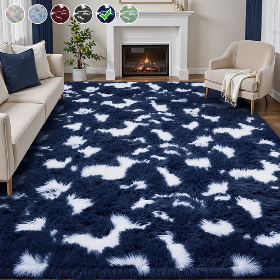 Lalado 5ft x 8ft Shag Area Rug, Soft Fluffy Indoor Tie-Dye Area Rugs for Living Room Bedroom Decor Carpet, Blue & White