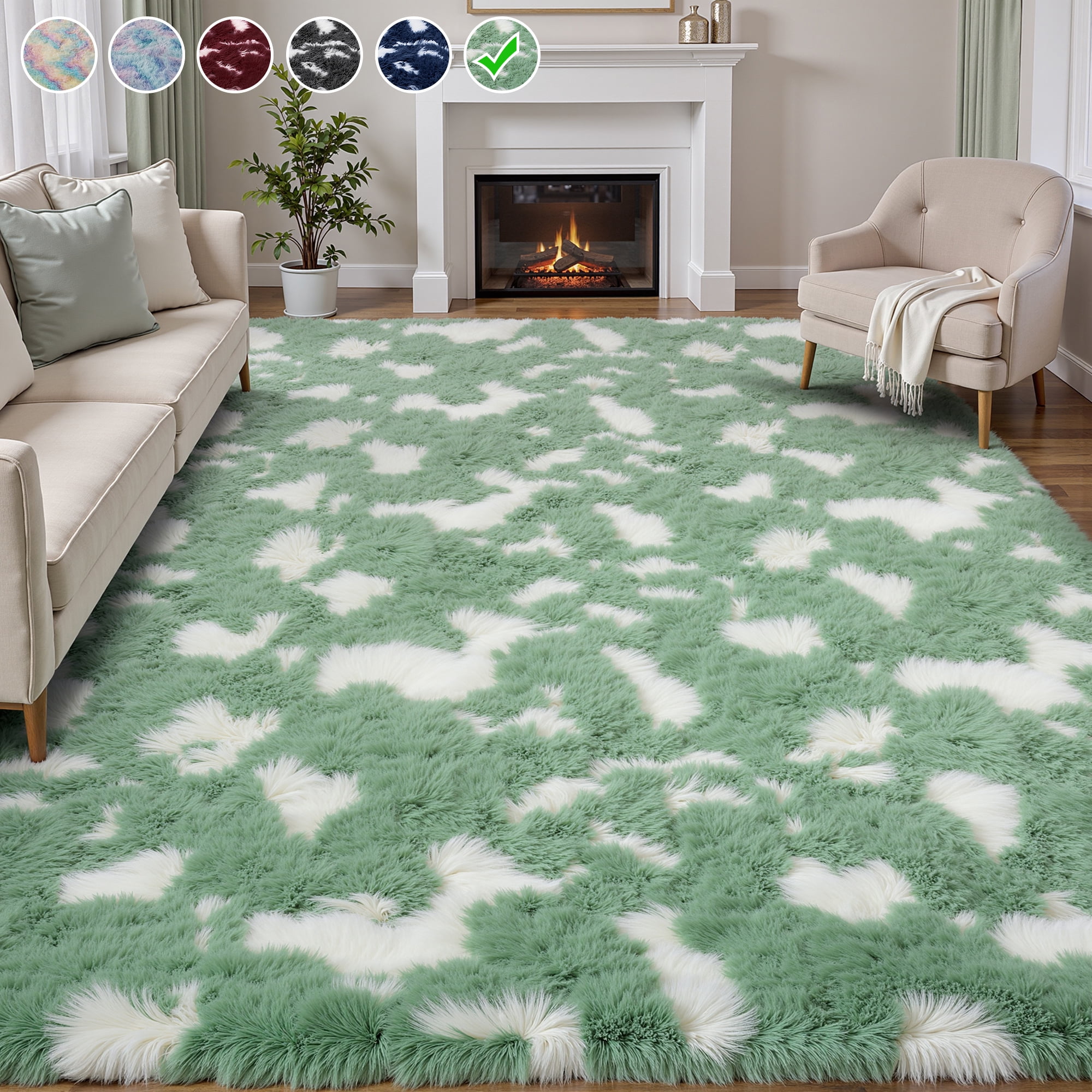 Lalado 5ft x 8ft Shag Area Rug, Soft Fluffy Indoor Tie-Dye Area Rugs for Living Room Bedroom Decor Carpet, Green & White