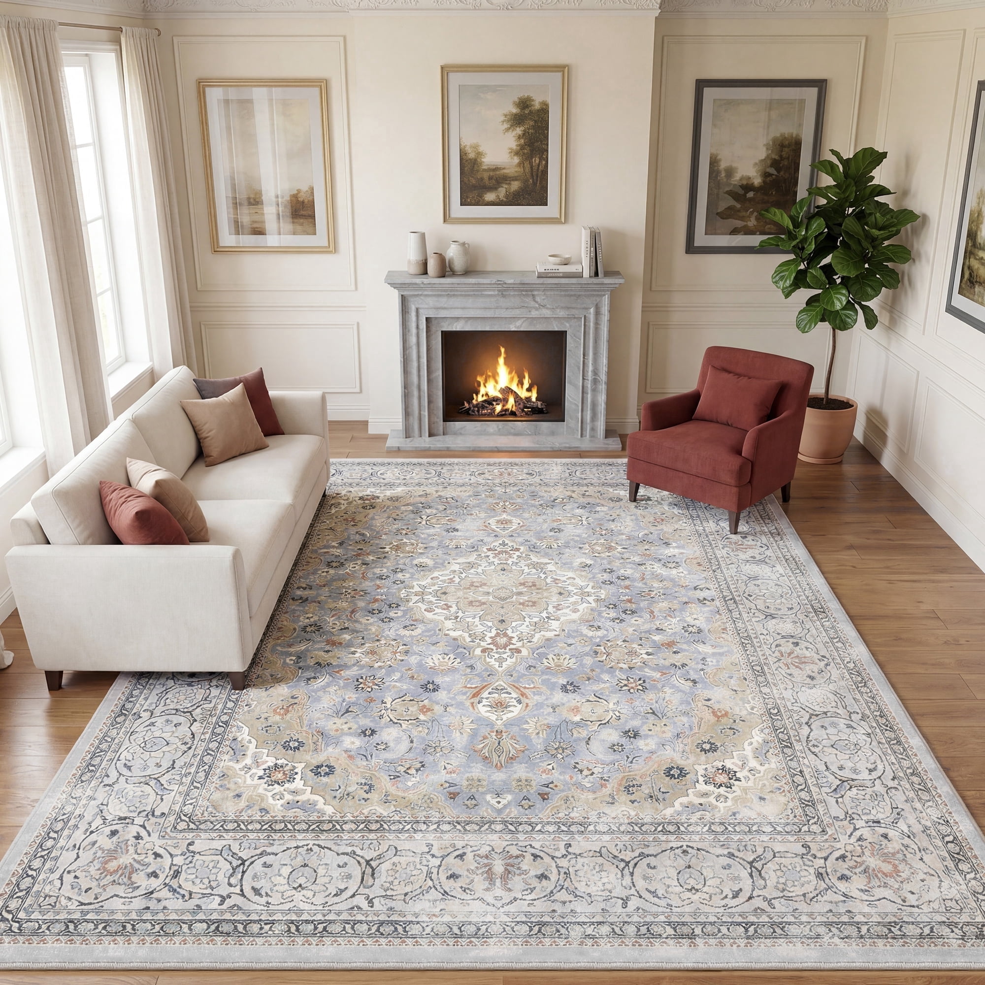 Lalado 5ft x 8ft Area Rugs for Living Room Washable Rugs Boho Floral Carpet Soft Low Pile Non-Slip Rug for Bedroom Dining Room Indoor Vintage Home Decor, Blue