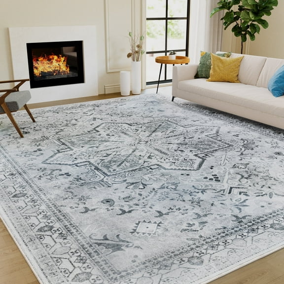 Lalado 5ft x 8ft Vintage Area Rugs, Washable Area Rugs for Living Room Bedroom Kitchen Indoor Boho Home Decor, Soft Low Pile Non-Slip Carpet, Gray