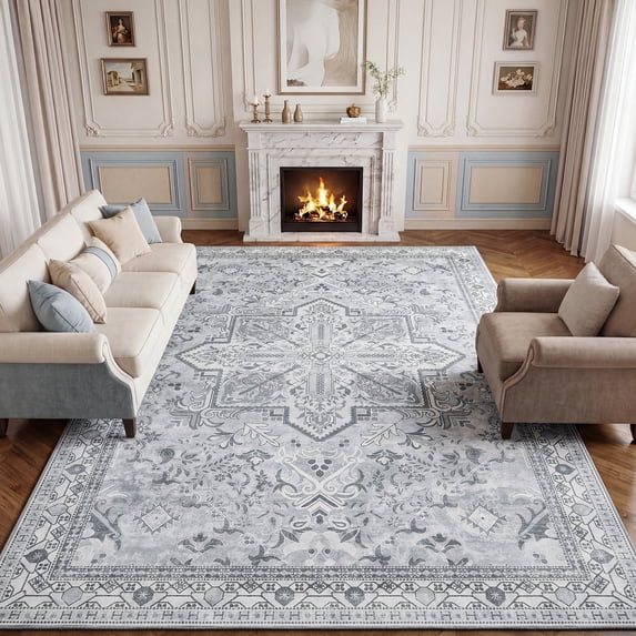 Lalado 5ft x 8ft Area Rugs for Living Room Washable Rugs Boho Floral Carpet Soft Low Pile Non-Slip Rug for Bedroom Dining Room Indoor Vintage Home Decor, Gray
