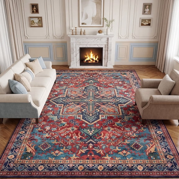 Lalado 5ft x 8ft Area Rugs for Living Room Washable Rugs Boho Floral Carpet Soft Low Pile Non-Slip Rug for Bedroom Dining Room Indoor Vintage Home Decor, Red