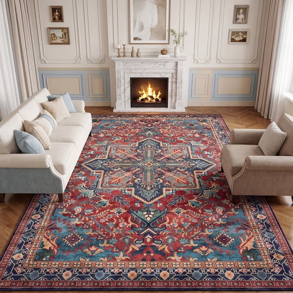 Lalado 5ft x 8ft Area Rugs for Living Room Washable Rugs Boho Floral Carpet Soft Low Pile Non-Slip Rug for Bedroom Dining Room Indoor Vintage Home Decor, Red