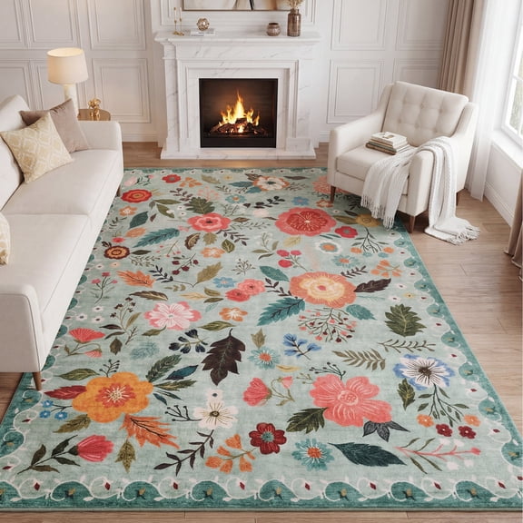 Lalado 8ft x 10ft Area Rugs for Living Room Washable Rugs Boho Floral Carpet Soft Low Pile Non-Slip Rug for Bedroom Dining Room Indoor Vintage Home Decor, Green