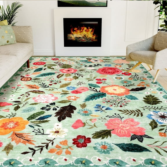 Lalado Floral Area Rugs, 8ft x 10ft Vintage Area Rugs for Living Room Bedroom Kitchen Indoor Home Decor, Washable Non-Slip Carpet, Green