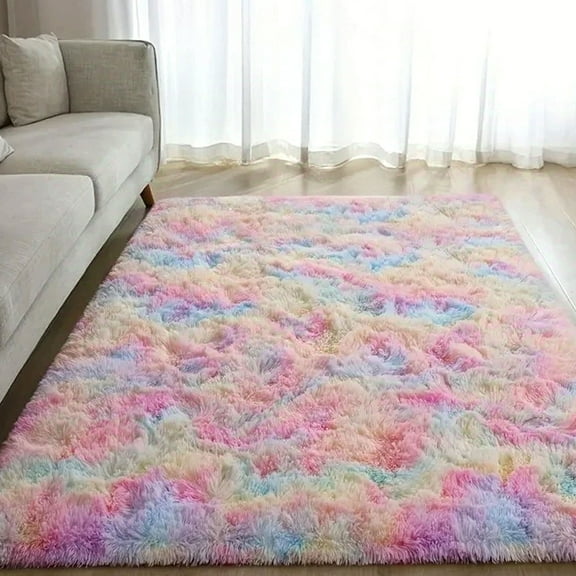 Lalado 8ft x 10ft Shag Area Rug, Soft Fluffy Carpet for Living Room Bedroom, Indoor Home Decor, Tie-Dye Multicolor Rainbow Pink