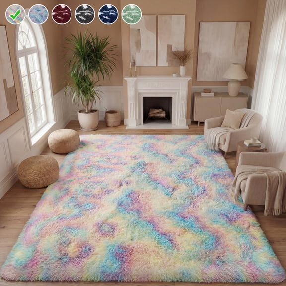 Lalado 8ft x 10ft Shag Area Rug, Soft Fluffy Indoor Tie-Dye Area Rugs for Living Room Bedroom Decor Carpet, Rainbow Pink