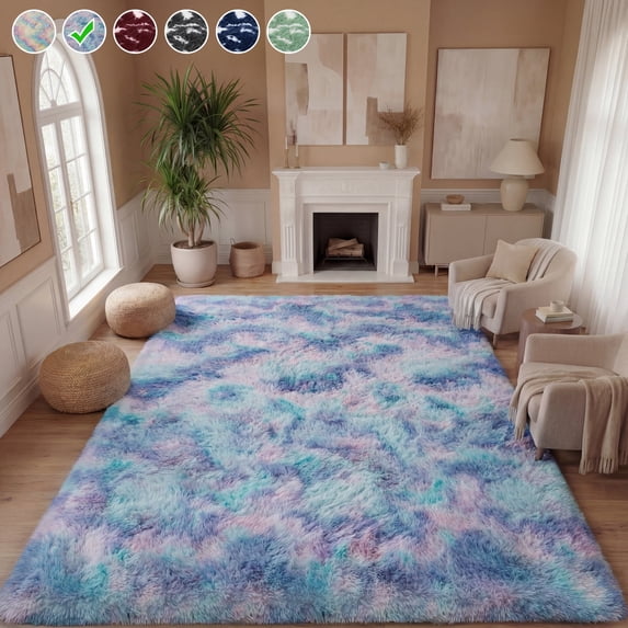 Lalado 8ft x 10ft Shag Area Rug, Soft Fluffy Indoor Tie-Dye Area Rugs for Living Room Bedroom Decor Carpet, Rainbow Purple