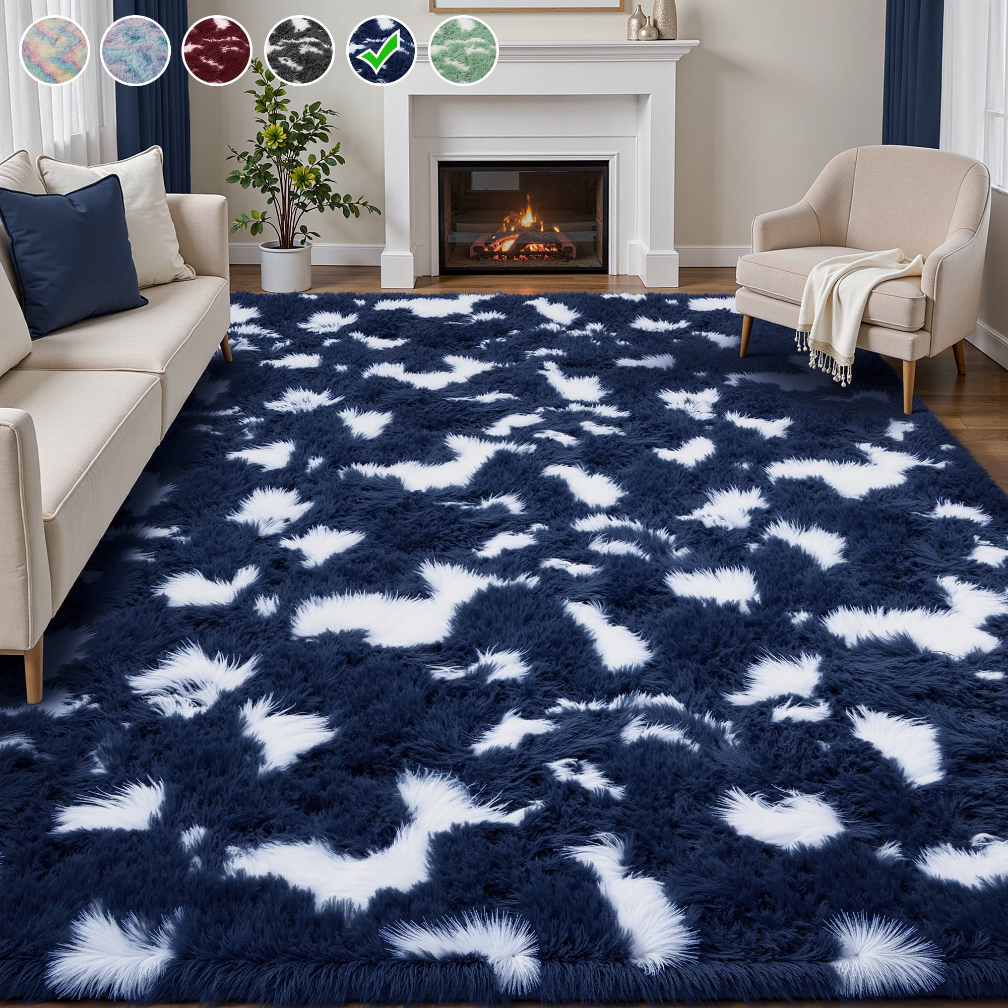 Lalado 8ft x 10ft Shag Area Rug, Soft Fluffy Indoor Tie-Dye Area Rugs for Living Room Bedroom Decor Carpet, Blue & White
