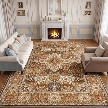 Lalado 8ft x 10ft Area Rugs for Living Room Washable Rugs Boho Floral Carpet Soft Low Pile Non-Slip Rug for Bedroom Dining Room Indoor Vintage Home Decor, Brown