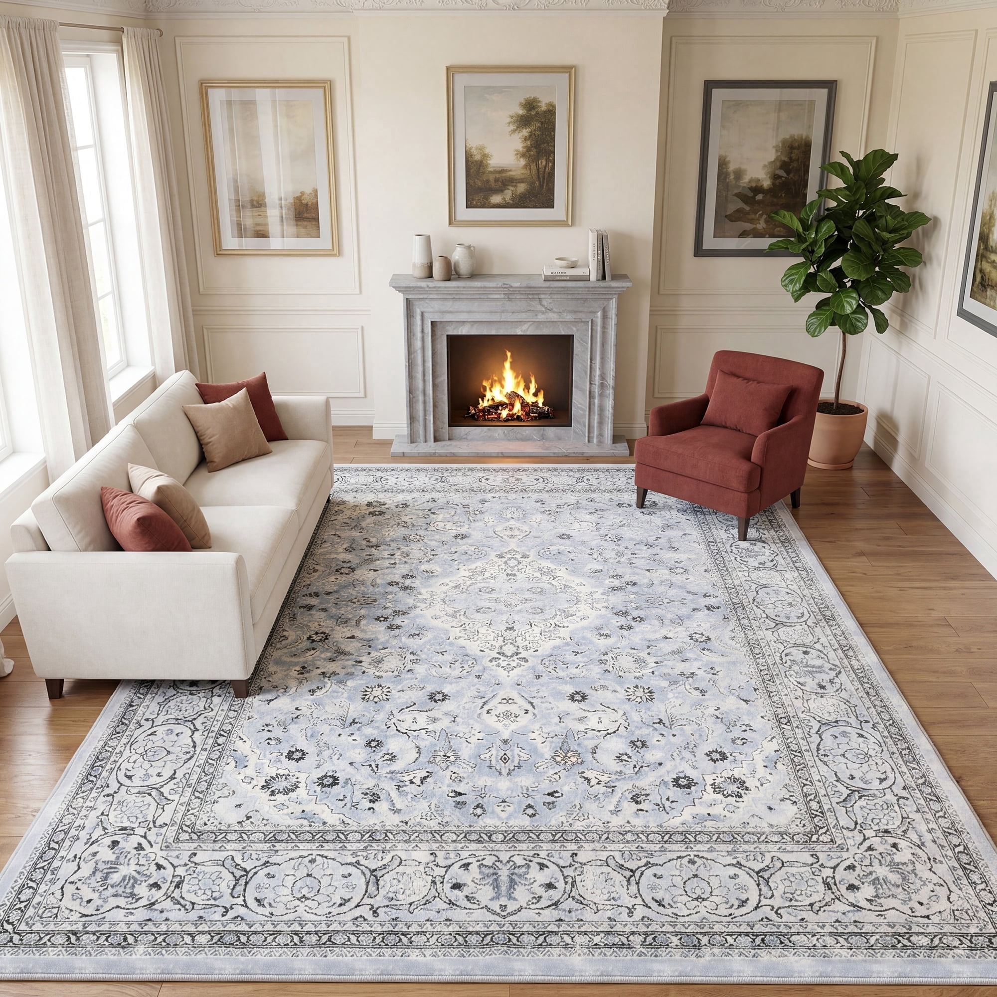 Lalado 8ft x 10ft Area Rugs for Living Room Washable Rugs Boho Floral Carpet Soft Low Pile Non-Slip Rug for Bedroom Dining Room Indoor Vintage Home Decor, Gray