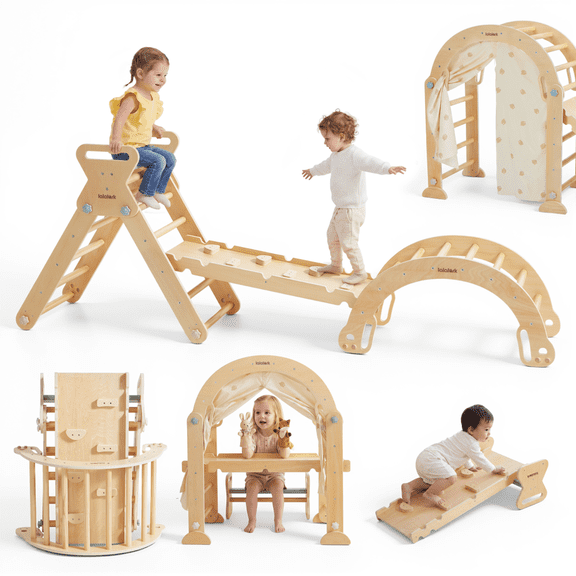 Lalalark Pikler Triangle Climbing Set, 7-in-1 Foldable Wooden Montessori Climber for Toddlers 1-3, Indoor Jungle Gym with Ramp, Arch & Ladder, Gift for Boys & Girls, Nature