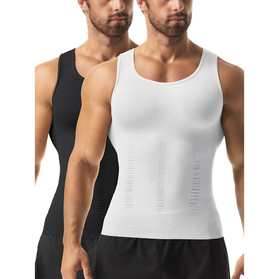 Lalamelon 2 Pack Compression Shirts for Men Shapewear Vest Body Shaper Abs Abdomen Slim Tank Elastic Top Undershirt