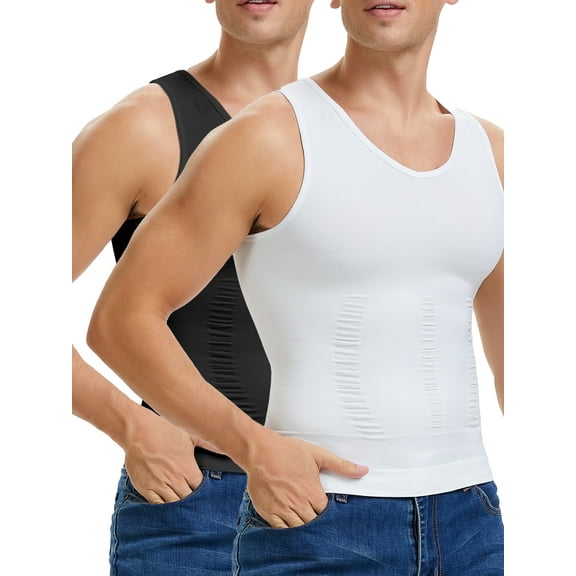 Lalamelon 2 Pack Mens Compression Shirt Vest Tummy Control Body Shaper V Neck Tank Top Abdomen Undershirts