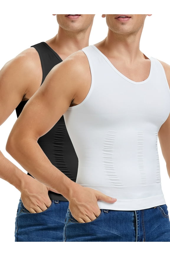 2 Pack Mens Compression Shirt Vest Tummy Control Body Shaper V Neck Tank Top Abdomen Undershirts
