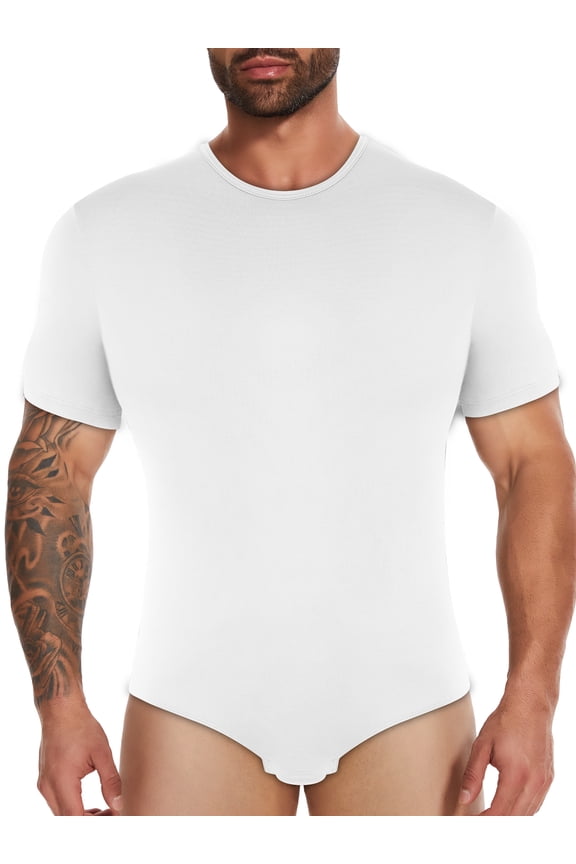 Men Short Sleeve Romper Pajama Bodysuit Rompers Crew Neck Sleepwear Tops One Piece Basic Onesie
