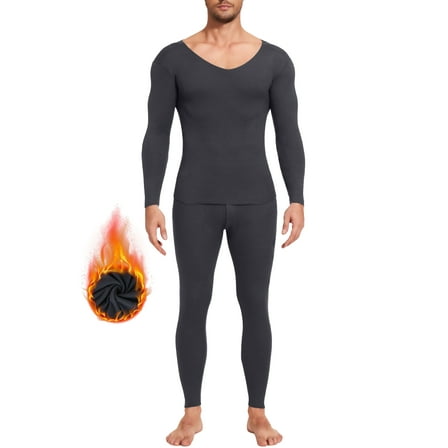Lalamelon Men's Thermal Underwear Sets Fleece Lined Base Layer V Neck Long Johns Top Bottom Set