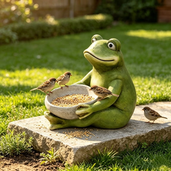 Lalamomo 13.78" Moss Green Frog Statue Holding Bowl, Bird Feeder Figurine for Patio & Backyard, Green