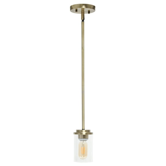 Lalia Home 1-Light 5.75" Industrial Farmhouse Adjustable Clear Cylinder Glass Pendant, Antique Brass