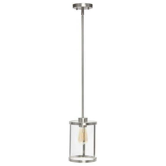 1-Light 9.25" Modern Farmhouse Adjustable Hanging Cylindrical Clear Glass Pendant Fixture, Brushed Nickel
