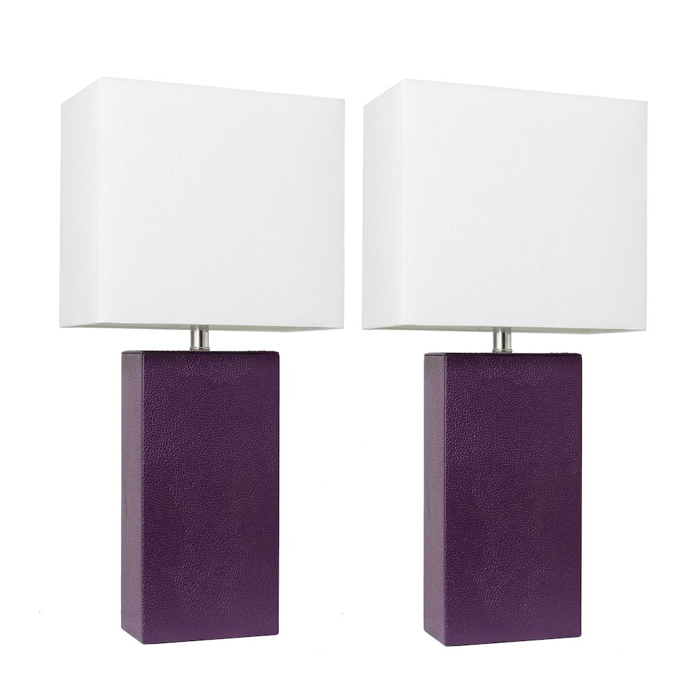 Eggplant Purple Leather Base Table Lamp Set with White Fabric Shade
