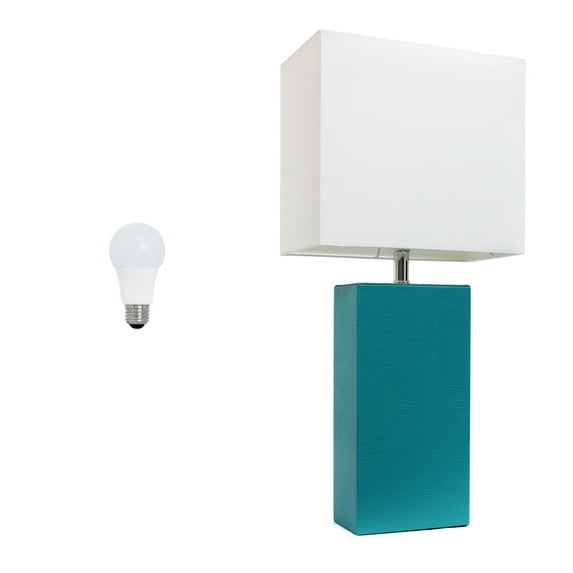 Lalia Home 21" Leather Modern Bedside Table Lamp with LED Bulb, Teal