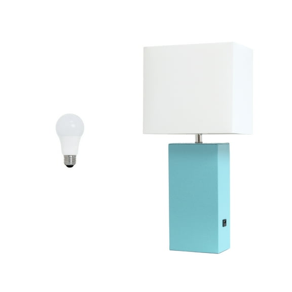 Lalia Home 21" Leather Modern Bedside Table Lamp with USB Port and LED Bulb, Aqua