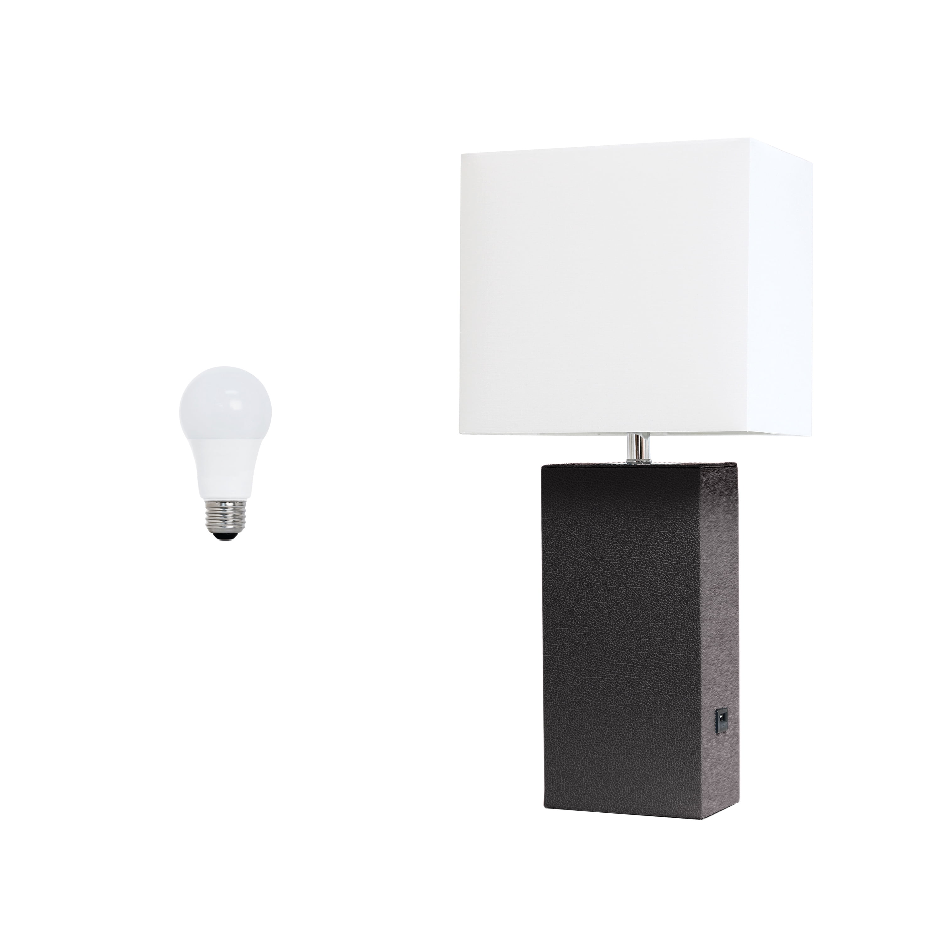 Lalia Home 21" Leather Modern Bedside Table Lamp with USB Port and LED Bulb, Brown