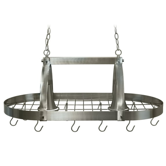 Lalia Home 35.5" Modern Industrial Hanging Pot Rack Ceiling Light with Oval Frame and Adjustable Hooks, for Kitchen, Kitchen Island, Brushed Nickel