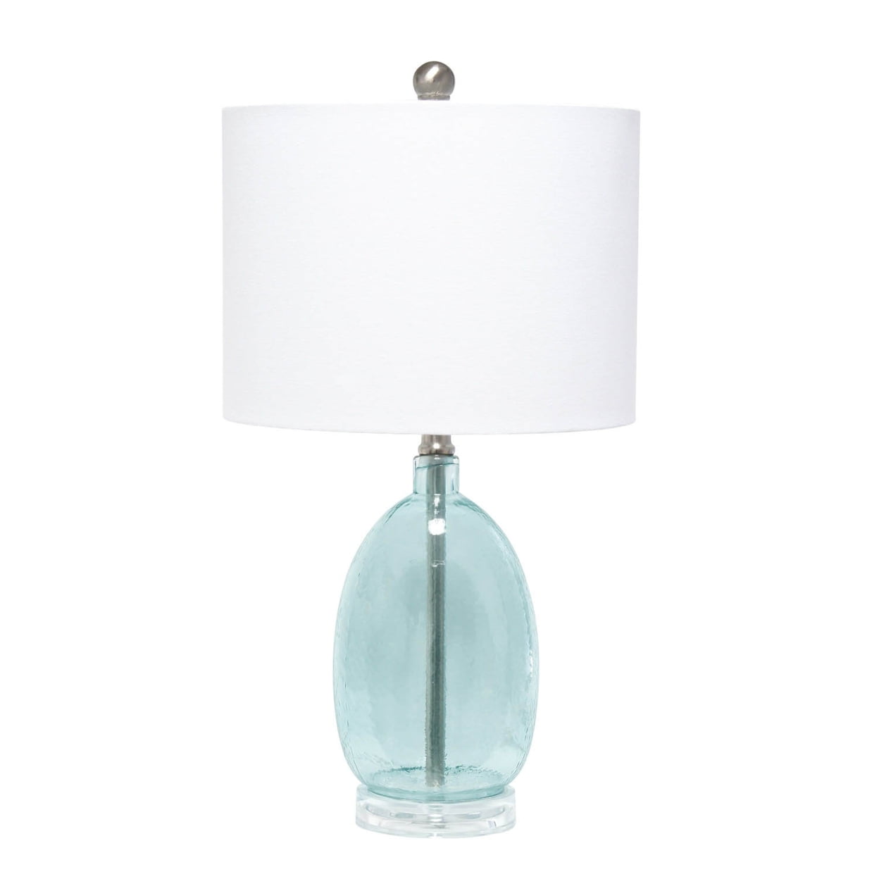 Clear Blue Glass Nightstand Lamp with White Barrel Shade
