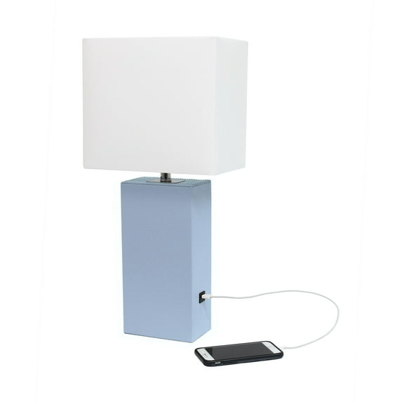 Lalia Home Lexington 21" Leather Base Modern Home Decor Bedside Table Lamp with USB Charging Port for Living Room, Bedroom, Entryway, Foyer, or Office with White Rectangular Fabric Shade, Periwinkle