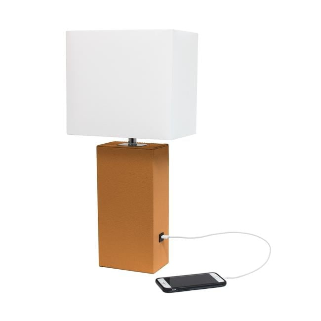 21" Tan Faux Leather Base Modern Nightstand Lamp with USB Port