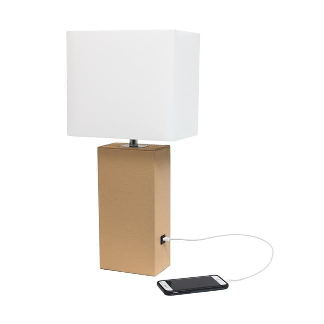 21" Tan Faux Leather Base Modern Nightstand Lamp with USB Port