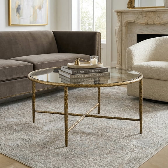 Lalia Modern Tempered Glass Top Round Coffee Table with Forged Metal Frame, Matte Gold