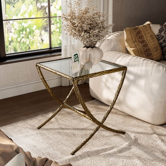 Lalia Modern Tempered Glass Top Side Table with Forged Metal Frame, Matte Gold