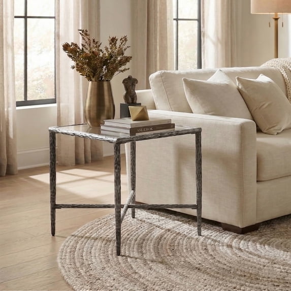Lalia Modern Tempered Glass Top Square Side Table with Forged Metal Frame, Matte Gray